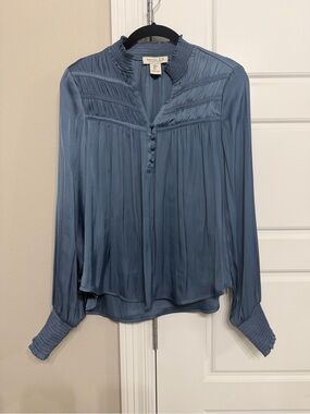 Rachel Zoe Dusky Blue Pleated Silk-Blend Blouse